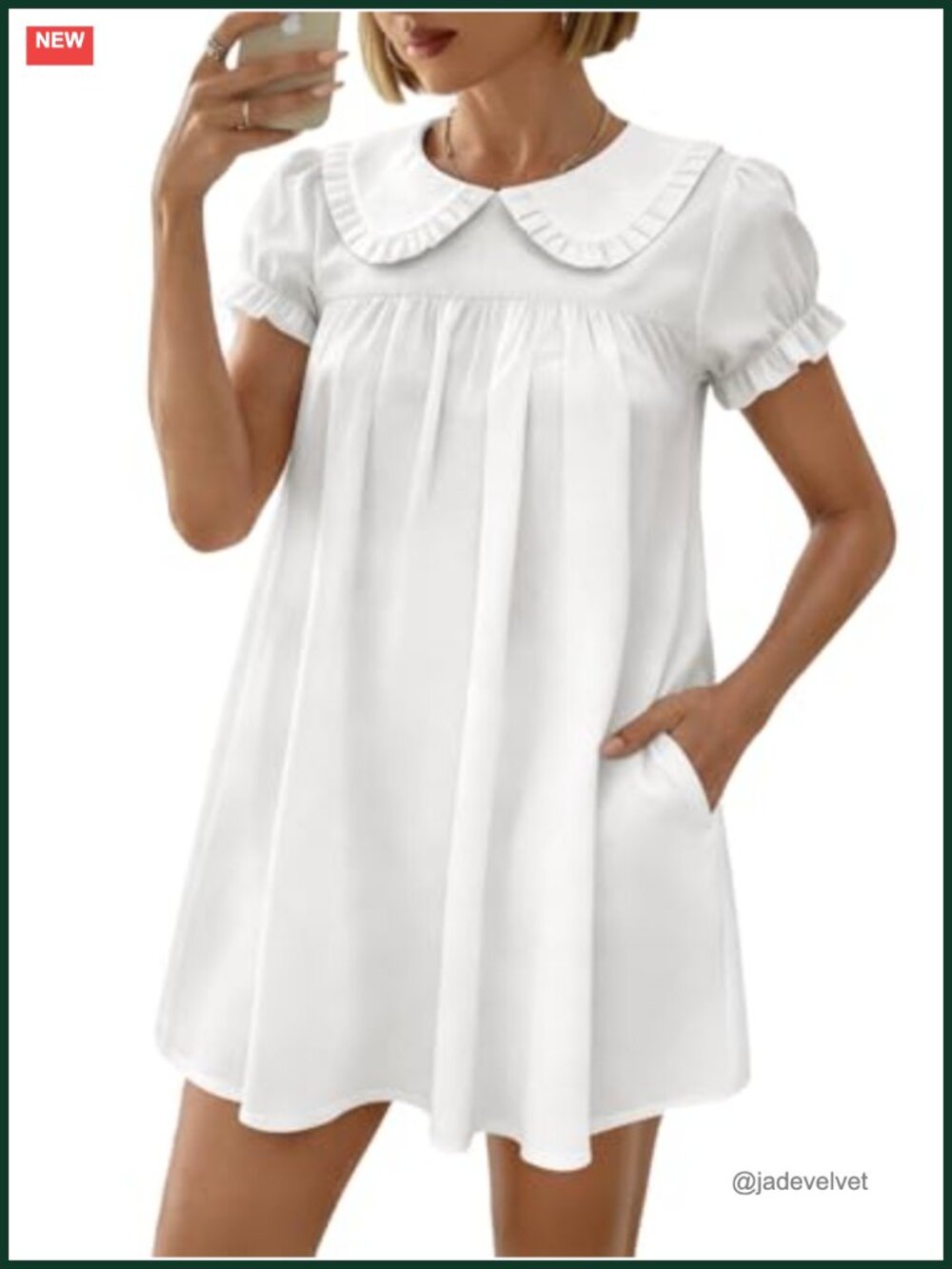 Women's Cotton Babydoll Dress Peter Pan Collar Ruffle Short Sleeve Pleated